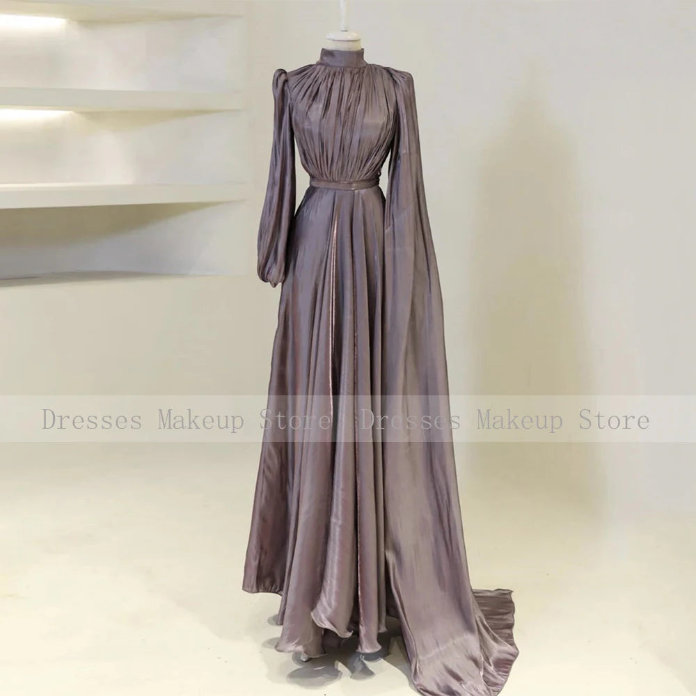 Modest Evening Dresses for Women 2025 High Collar Puffy Long Sleeves Evening Gowns Long Pleated A Line Saudi Arabian Formal Gown