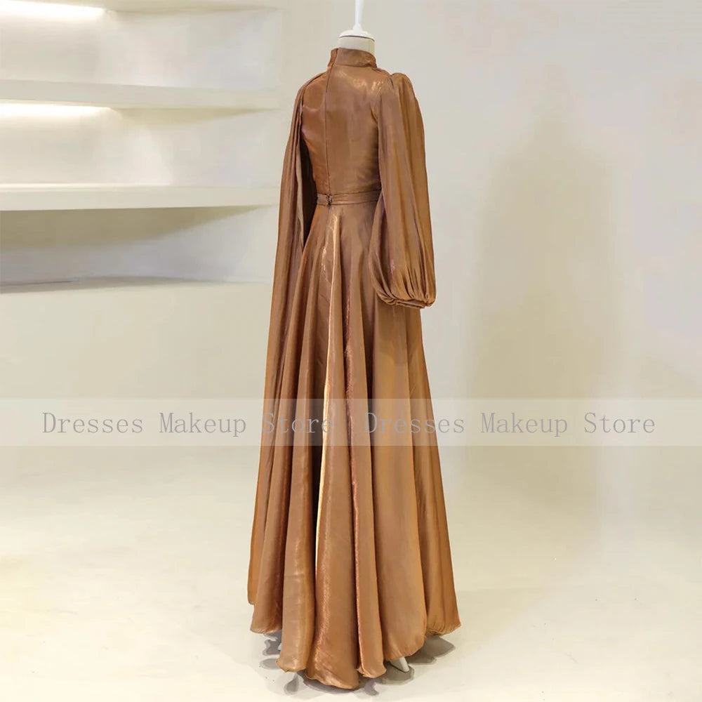 Modest Evening Dresses for Women 2025 High Collar Puffy Long Sleeves Evening Gowns Long Pleated A Line Saudi Arabian Formal Gown