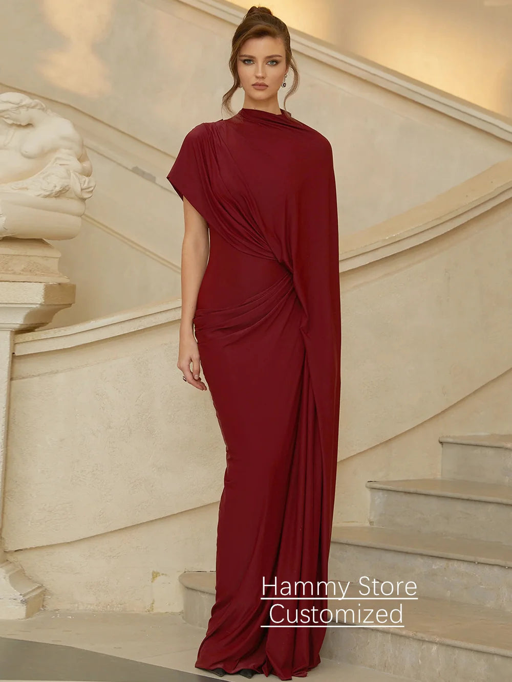 Modern Evening Dress فساتين سهره Customized Round Neck with Cape Pleat Ruched Sheath Arabian Prom Gown Formal Dresses