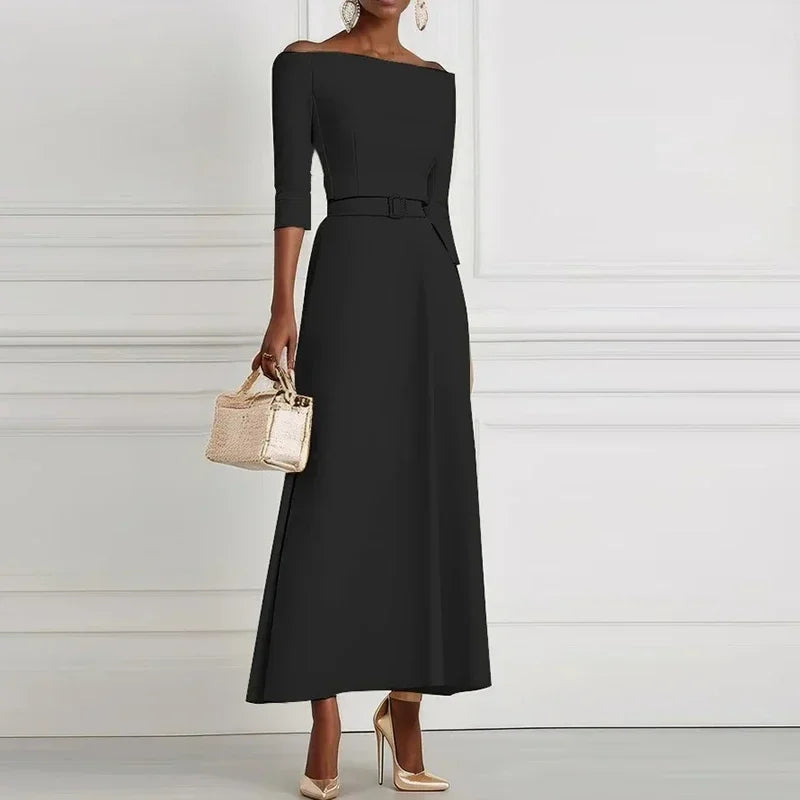 Elegant Party Dresses For Women Off Shoulder Half Sleeve High Waisted A-Line Long Dress Casual Women Offfice Dress White Robe