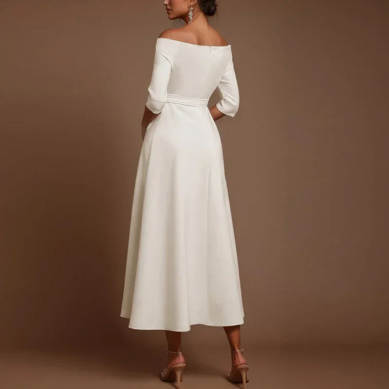 Elegant Party Dresses For Women Off Shoulder Half Sleeve High Waisted A-Line Long Dress Casual Women Offfice Dress White Robe