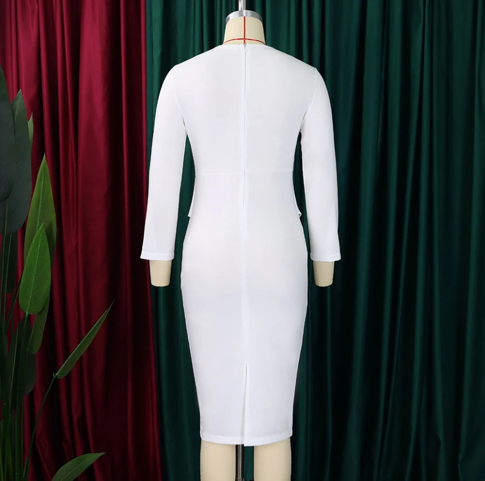 Elegant Office Dresses for Women 2024 Spring Solid Color Long Sleeve Round Neck High Waist Wrap Hip Midi Skinny Bodycon Skirt