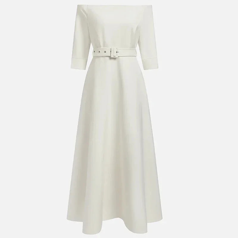 Elegant Party Dresses For Women Off Shoulder Half Sleeve High Waisted A-Line Long Dress Casual Women Offfice Dress White Robe