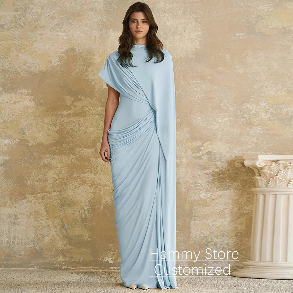 Modern Evening Dress فساتين سهره Customized Round Neck with Cape Pleat Ruched Sheath Arabian Prom Gown Formal Dresses