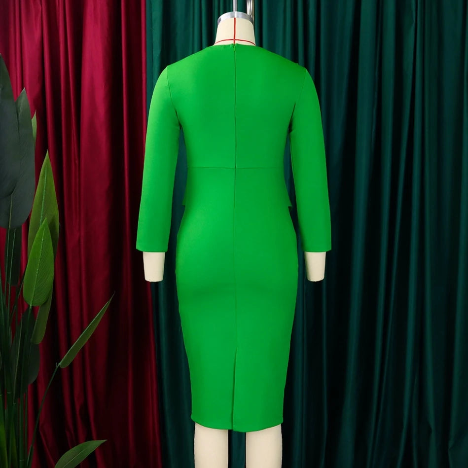 Elegant Office Dresses for Women 2024 Spring Solid Color Long Sleeve Round Neck High Waist Wrap Hip Midi Skinny Bodycon Skirt