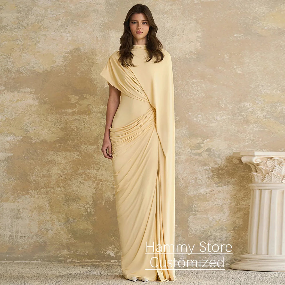 Modern Evening Dress فساتين سهره Customized Round Neck with Cape Pleat Ruched Sheath Arabian Prom Gown Formal Dresses