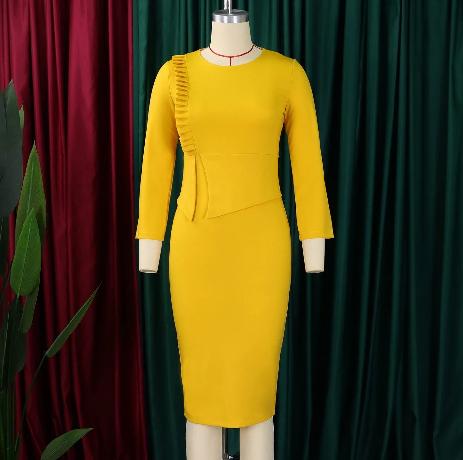 Elegant Office Dresses for Women 2024 Spring Solid Color Long Sleeve Round Neck High Waist Wrap Hip Midi Skinny Bodycon Skirt