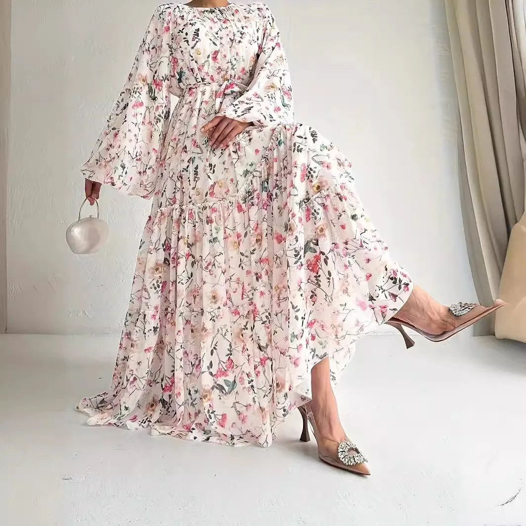 Muslim Dresses for Women Elegant Middle East Chiffon Abayas with Flowers and Belt High Waist Round Neck Summer Robe