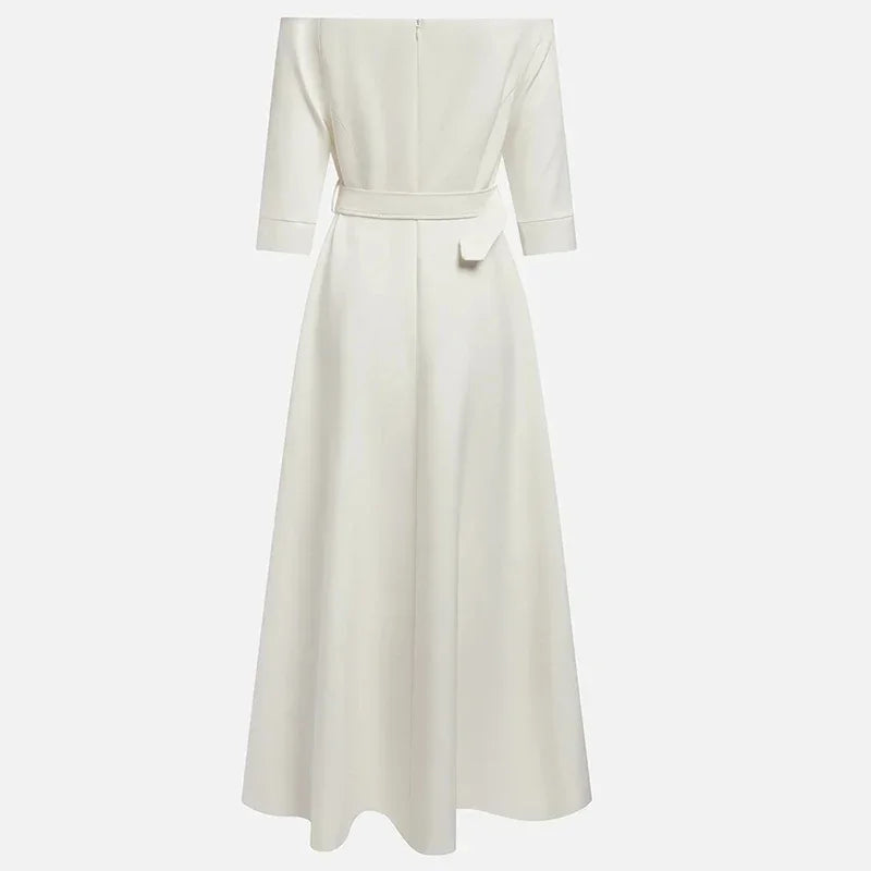 Elegant Party Dresses For Women Off Shoulder Half Sleeve High Waisted A-Line Long Dress Casual Women Offfice Dress White Robe