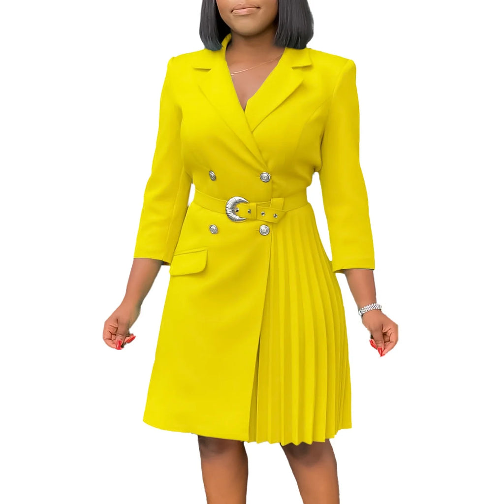 Elegant Dresses for Woman 2024 Autumn Winter New Trends Notched Collar Full Sleeve Sashes Pleated Mid Calf Solid Fashion Dress