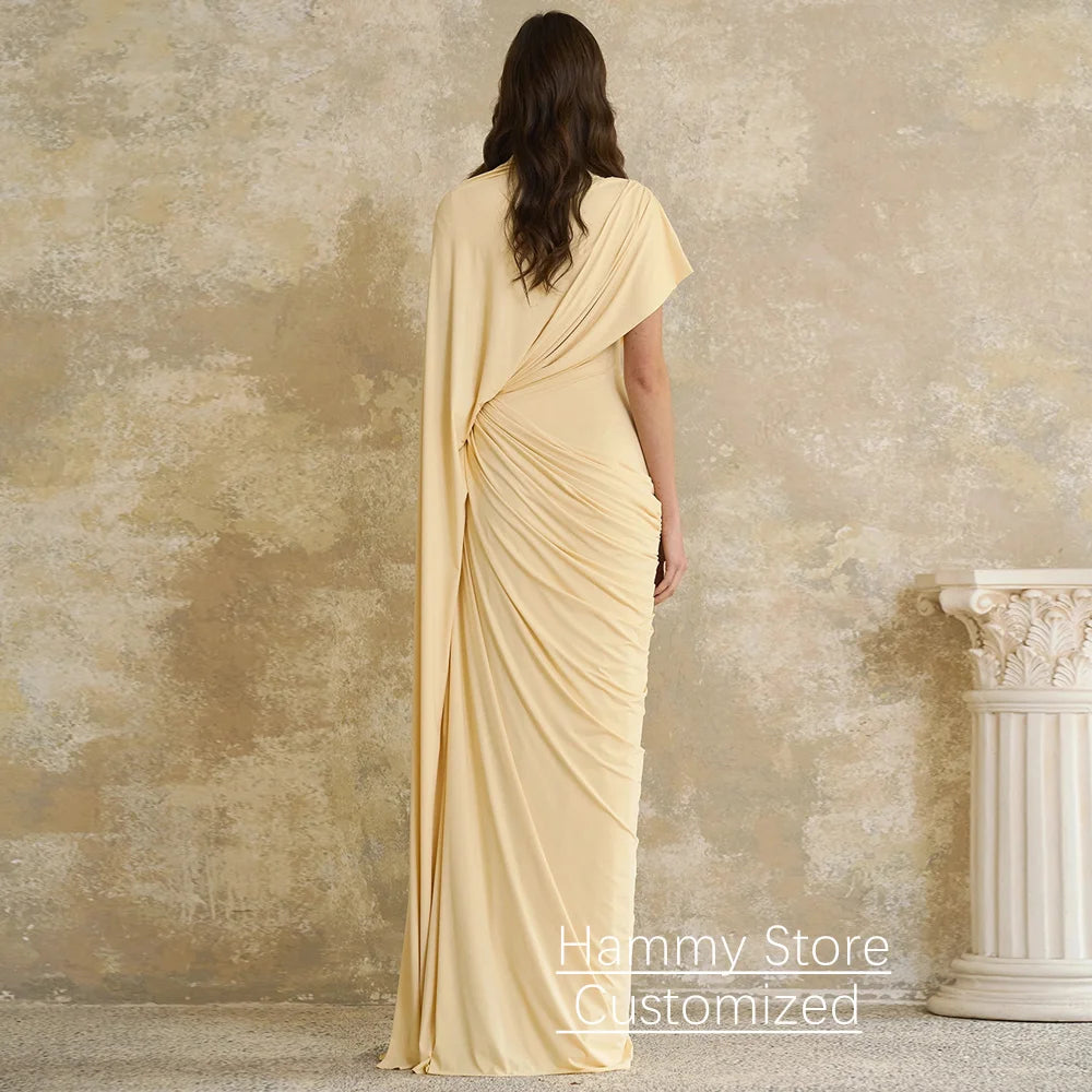 Modern Evening Dress فساتين سهره Customized Round Neck with Cape Pleat Ruched Sheath Arabian Prom Gown Formal Dresses