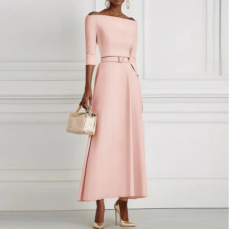 Elegant Party Dresses For Women Off Shoulder Half Sleeve High Waisted A-Line Long Dress Casual Women Offfice Dress White Robe