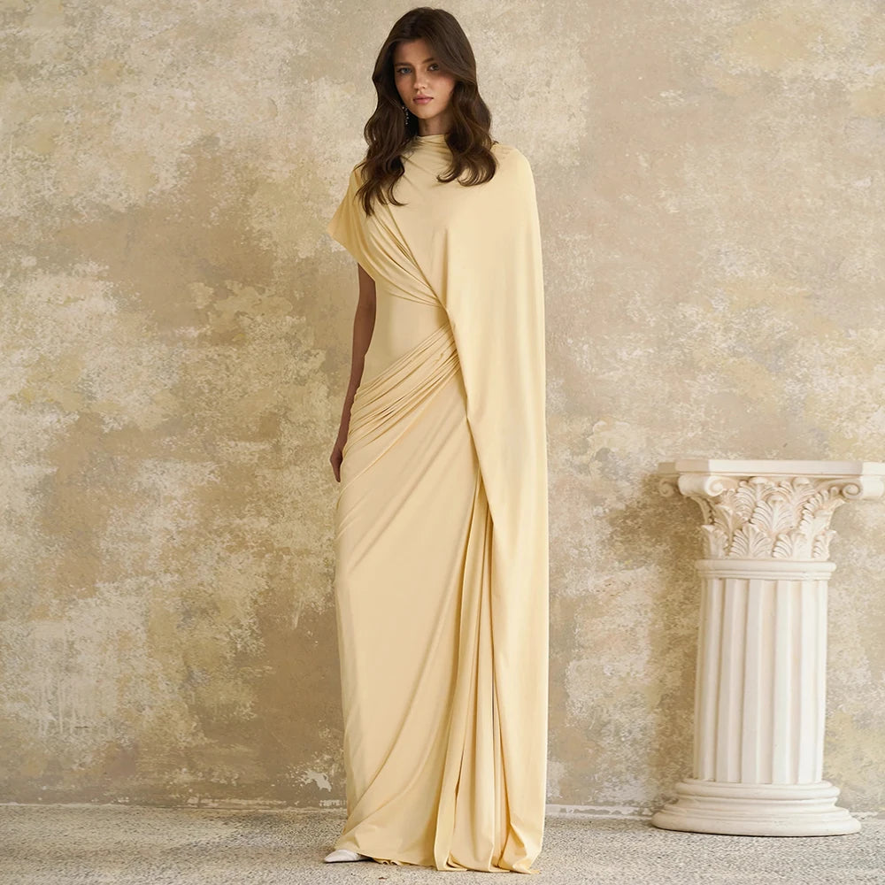 Modern Evening Dress فساتين سهره Customized Round Neck with Cape Pleat Ruched Sheath Arabian Prom Gown Formal Dresses