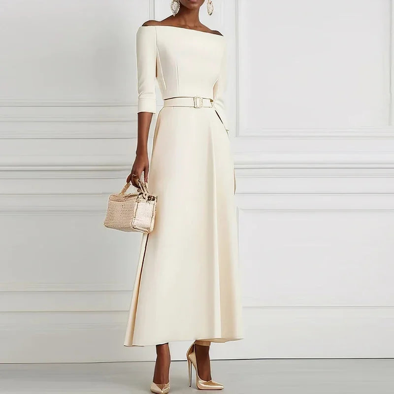 Elegant Party Dresses For Women Off Shoulder Half Sleeve High Waisted A-Line Long Dress Casual Women Offfice Dress White Robe
