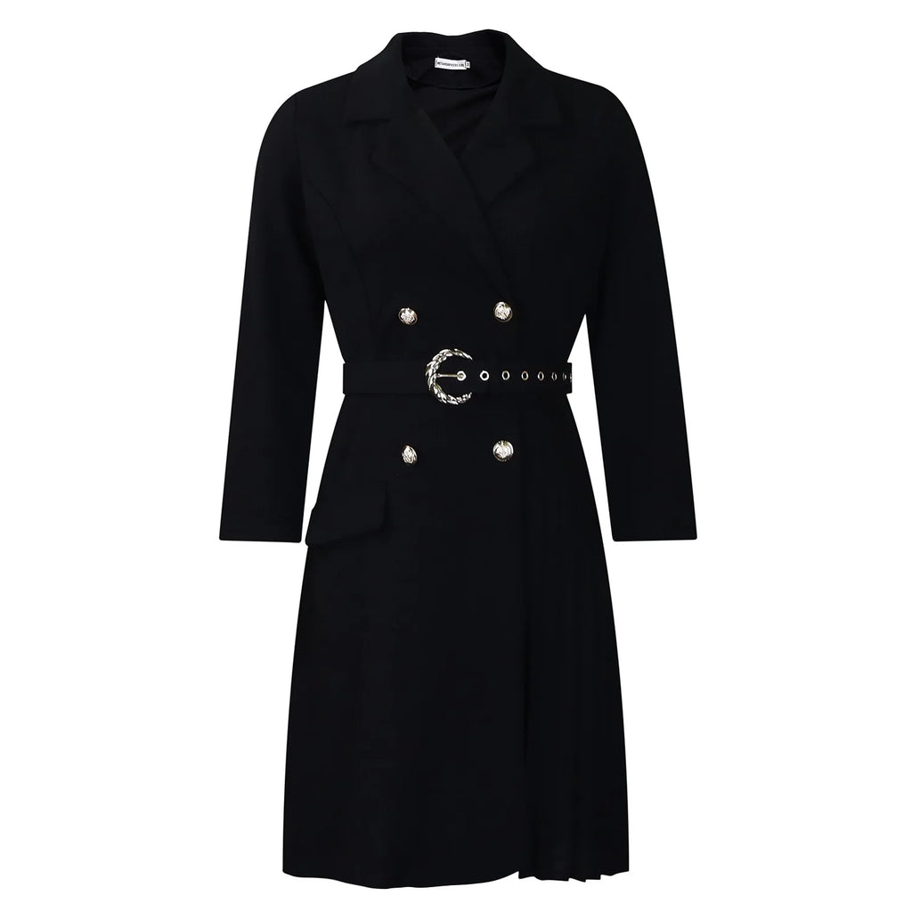 Elegant Dresses for Woman 2024 Autumn Winter New Trends Notched Collar Full Sleeve Sashes Pleated Mid Calf Solid Fashion Dress